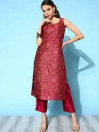 Ahalyaa Women's Wine Poly Silk Gold Paste Printed Kurta Pant Set | Grocsy