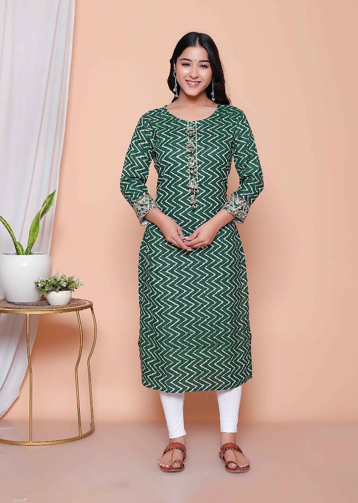 Miravan Womens Green Zigzag Print Embroidery Rayon Straight Kurta | Grocsy