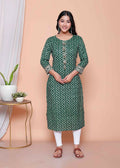 Miravan Womens Green Zigzag Print Embroidery Rayon Straight Kurta | Grocsy