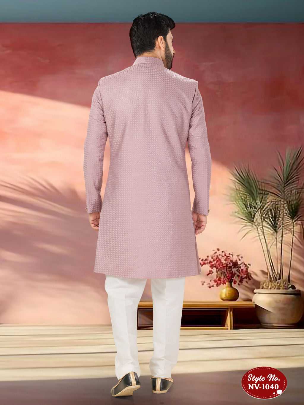 Joban Fashion Men's Pink Straight Silk Thread And Sequence Embroidary All Over Indo-Western Kurta Set | Grocsy