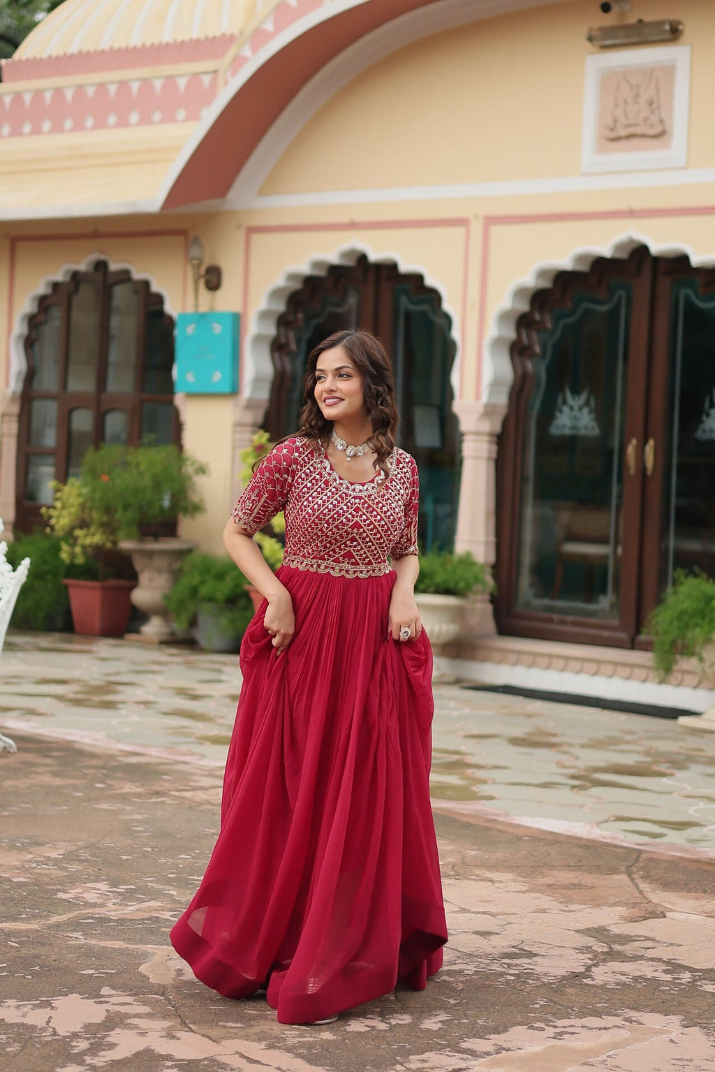 Joban Fashion Pink Georgette Sequence Embroidery Work Gown | Grocsy