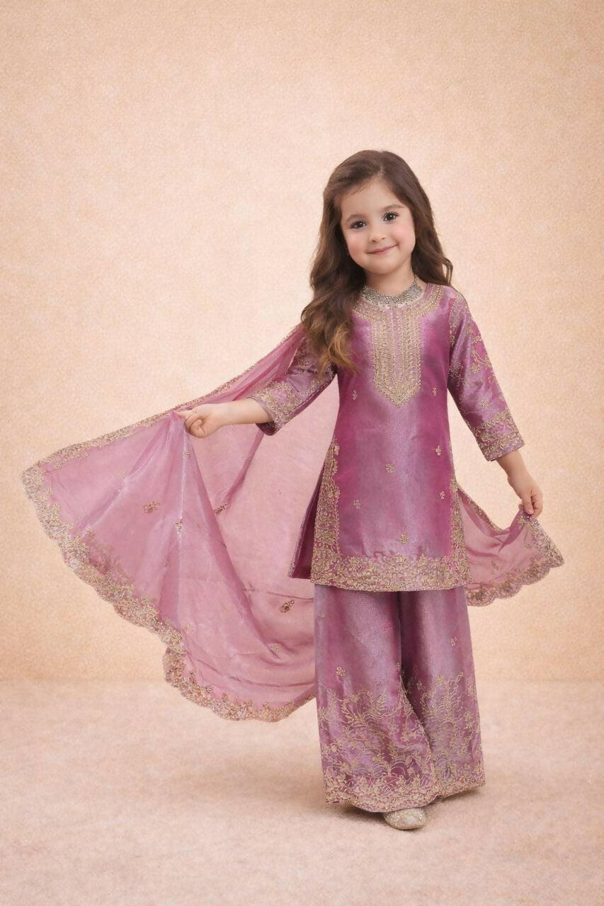 Teeya Creation New Kids Wedding Wear Heavy Embroidery Sequence Work Kurta Sharara Set-Pink | Grocsy