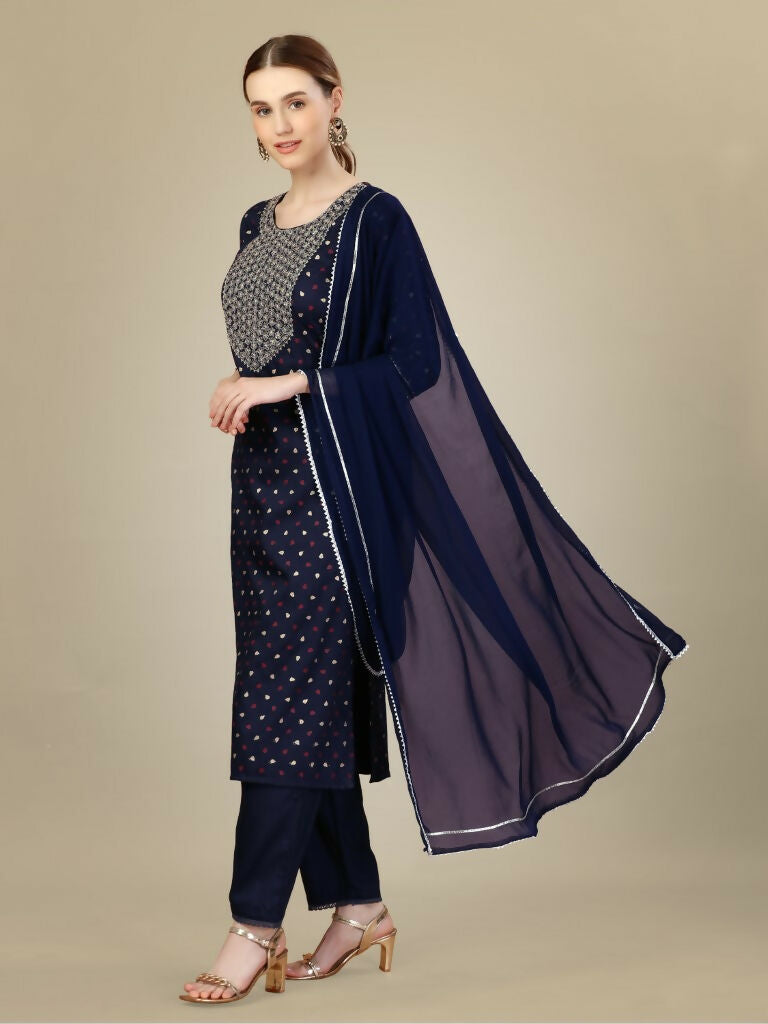 Jyoti Fashion Women's Navy Blue Silk Blend Embroidery & Sequence work Kurta with Trouser & Dupatta | Grocsy