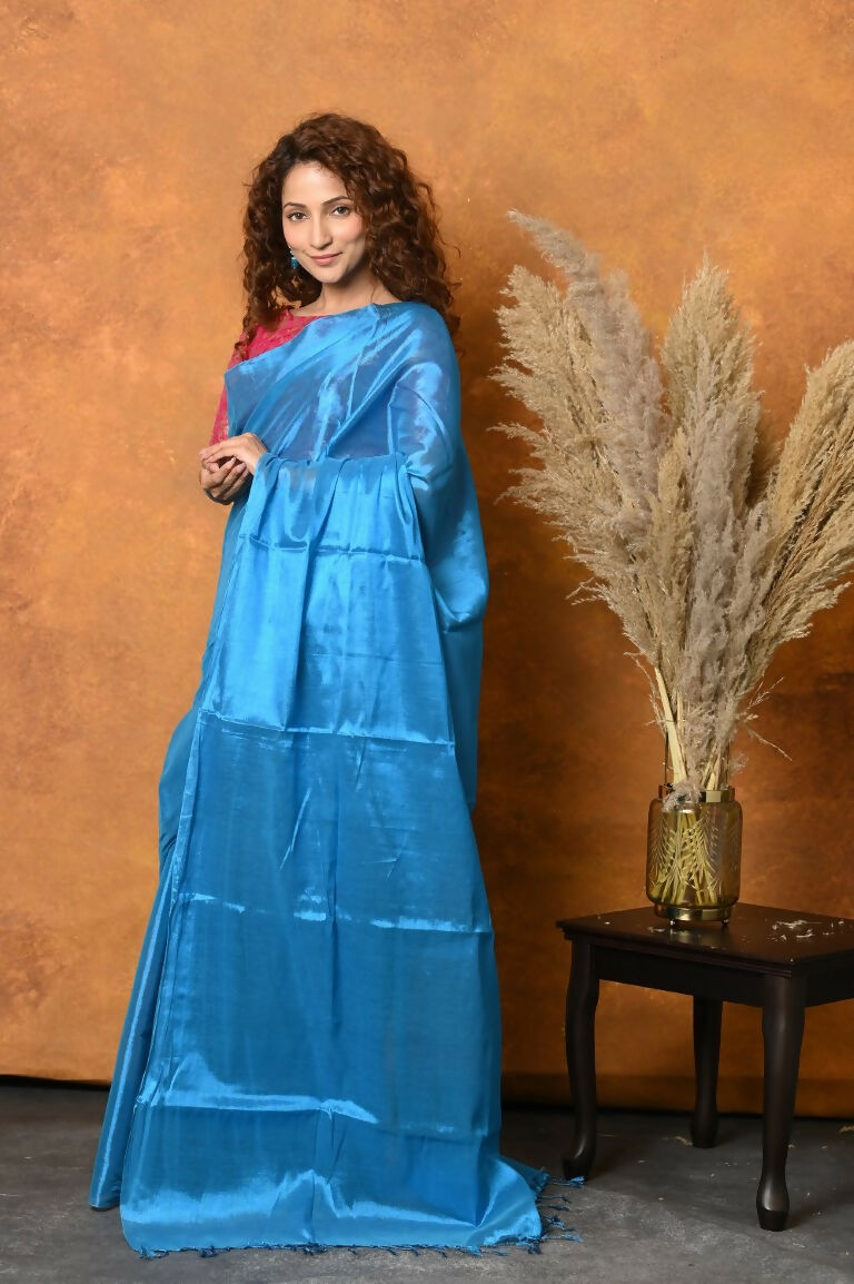 Very Much Indian Fusion Cotton Tissue Shimmer Saree - Light Blue | Grocsy