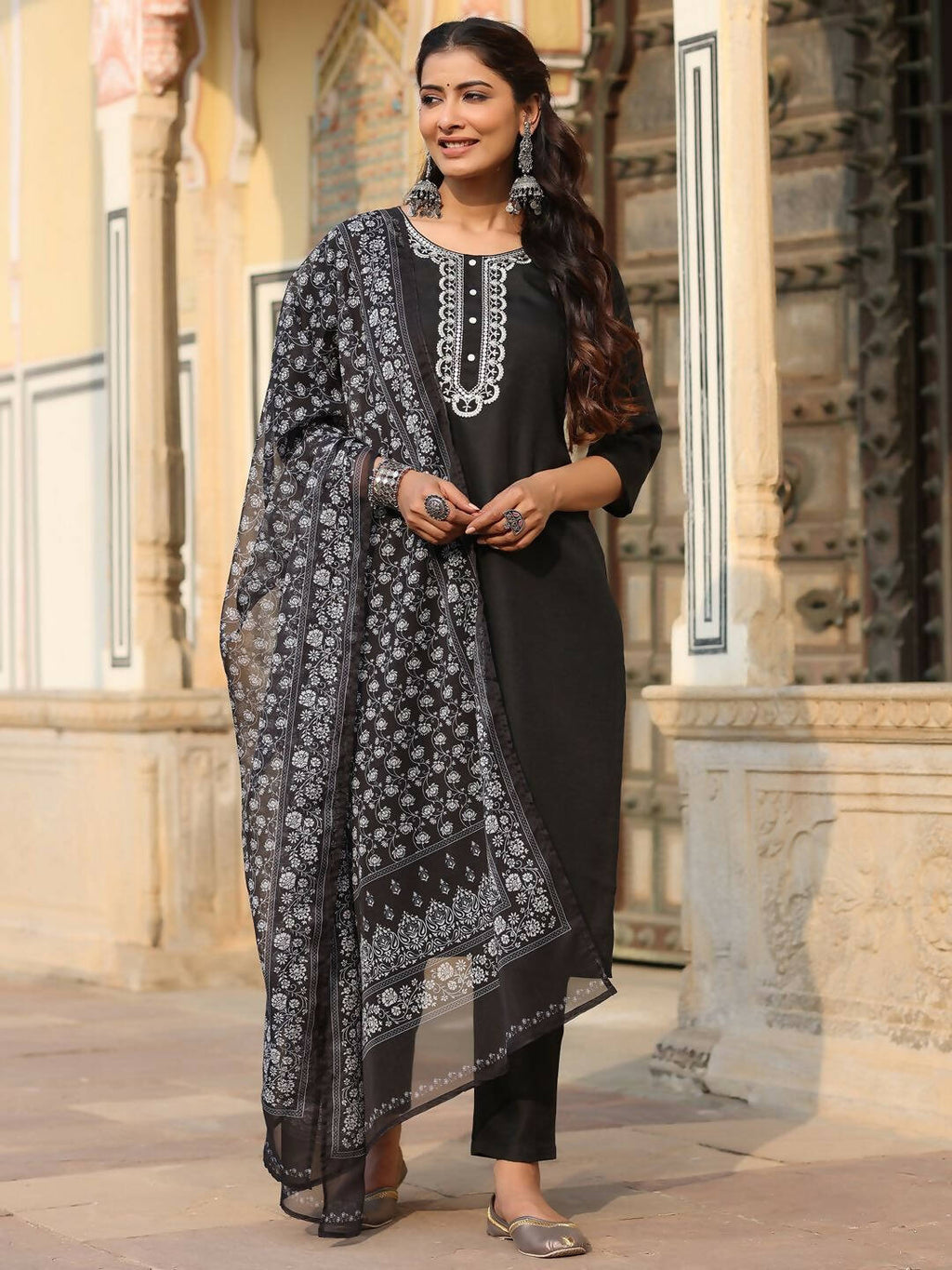 Juniper Women's Black Silk Solid Embroidered Kurta Set | Grocsy