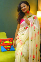 Exclusive Collection Beautiful Off White Pure Cotton Hand Print Handloom Saree With Running Blouse Piece | Grocsy