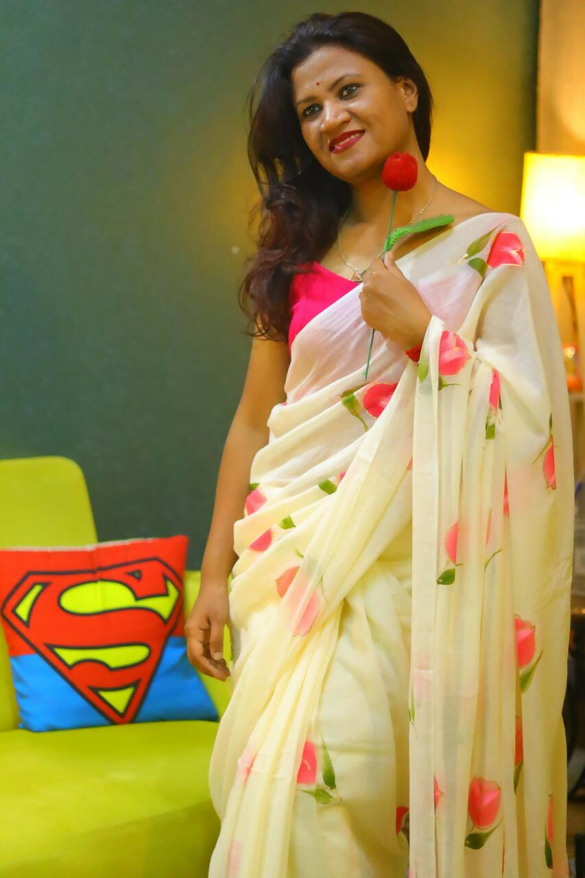 Exclusive Collection Beautiful Off White Pure Cotton Hand Print Handloom Saree With Running Blouse Piece | Grocsy