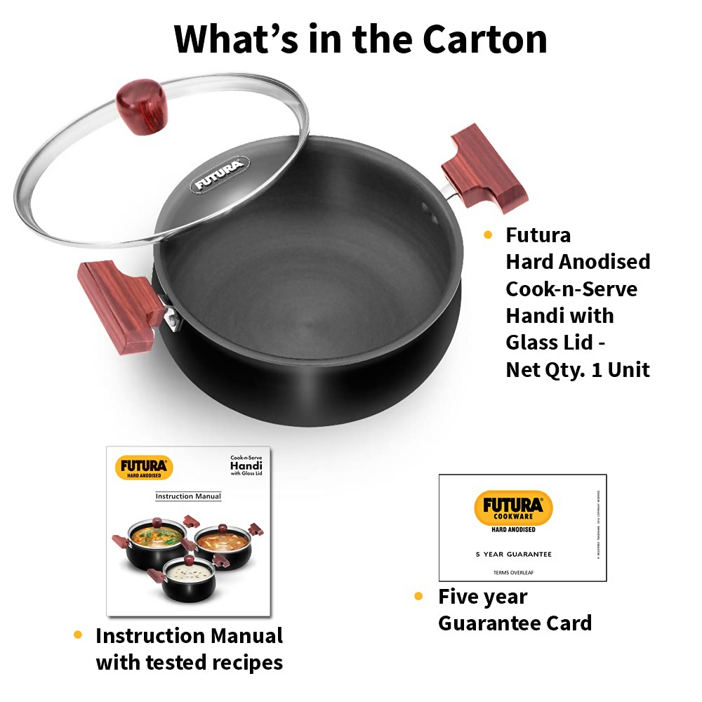 Hawkins Futura Cook N Serve Handi, Hard Anodised Biryani Handi with Glass Lid Non-Stick Saucepan | Grocsy