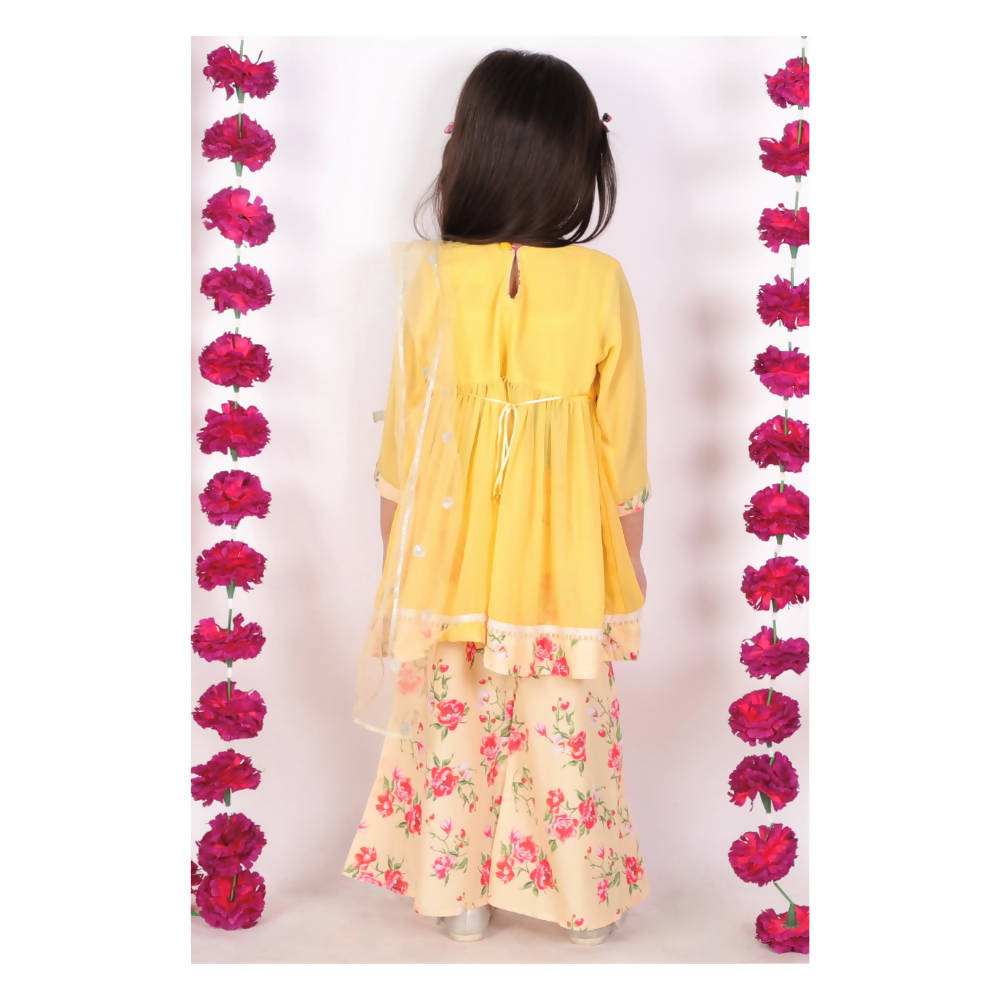 Little Bansi Girls Rose print Kurta Frock with Floral Plazzo and Dupatta - Yellow | Grocsy