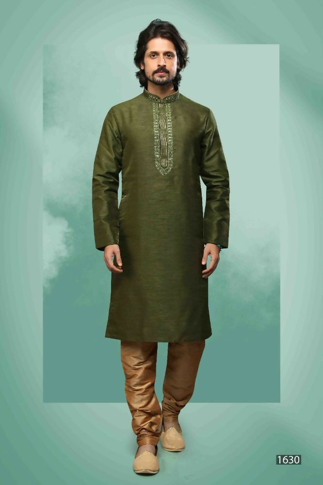 Raivat Ethnic Art Silk Mirror Embroidery Work Kurta Pajama In Green Colour | Grocsy