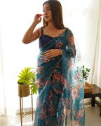 Vamsee Ramya Blue Organza Saree | Grocsy
