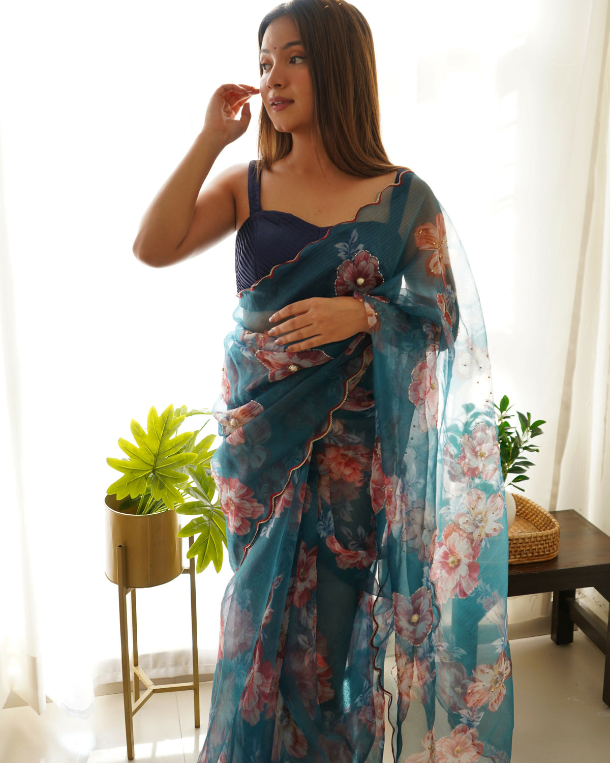 Vamsee Ramya Blue Organza Saree | Grocsy