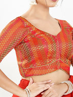 Joban Fashion Red Brocade Padded Blouse With Sweetheart Neck Elbow Sleeves | Grocsy