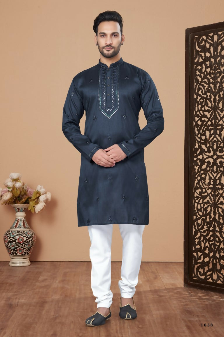Functional Designer Men's Blue Heavy Super Silk Kurta With Pant - Rudra | Grocsy