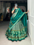 Vastranavya Floral Print With Foil Print Tussar Silk Lehenga with Unstitched Blouse - Sea Green | Grocsy