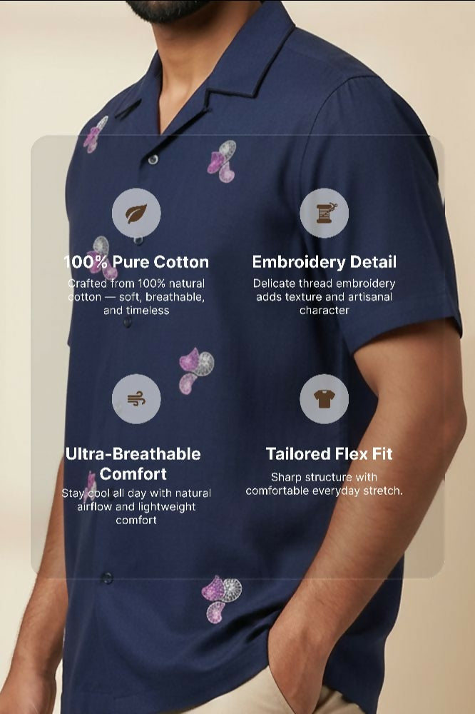 Aureole — Blue Embroidered Cotton Shirt by Hilo Design | Grocsy