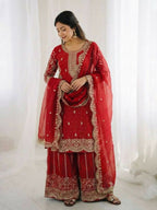 Teeya Creation Red Color Fendy Silk Embroidery Work Wedding Wear Salwar Suit | Grocsy
