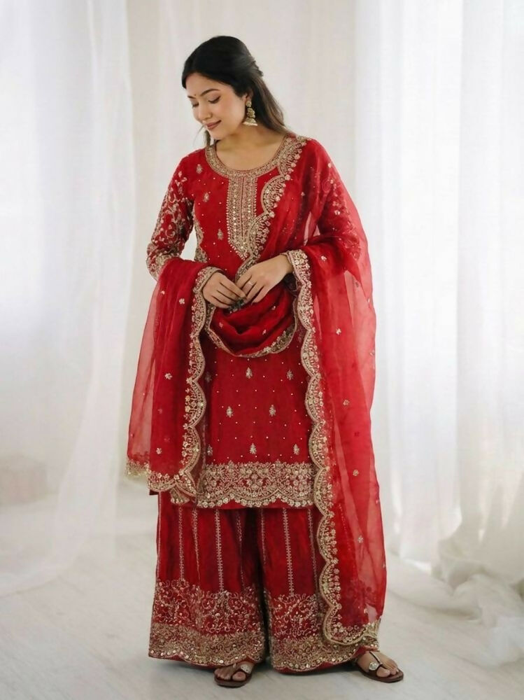 Teeya Creation Red Color Fendy Silk Embroidery Work Wedding Wear Salwar Suit | Grocsy