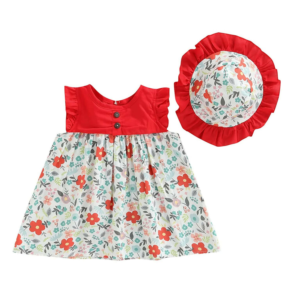 Bold N Elegant Cotton Floral Printed Ruffle Sleeve Princess Dress Frock With Fabric Hat Cap - Red | Grocsy