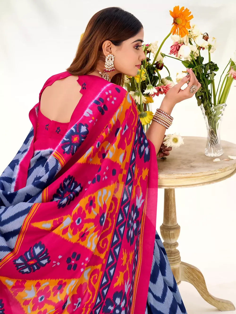 Vastranavya Blue Tussar Silk Zigzag Waves Printed Saree with Unstitched Blouse | Grocsy