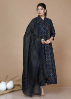 Miravan Women's Abstract Printed & Tasseles Angrakha Kurta With Blue Dupatta Set | Grocsy