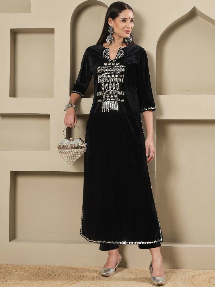 Joban Fashion Women Black Velvet Hand Embellishment Stitched Kurta Set | Grocsy