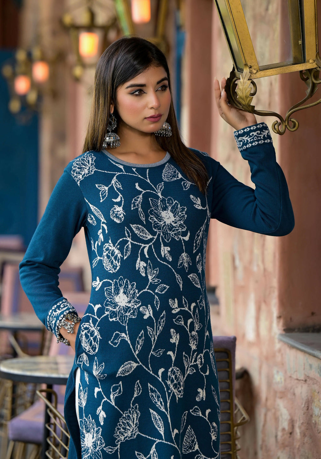 Juniper Women's Blue Floral Printed Polycotton Straight Round Neck Women Kurta | Grocsy