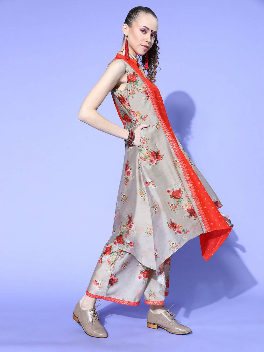 Ahalyaa Women Beige Colour Chanderi Digital Printed Kurta Palazzo Set | Grocsy