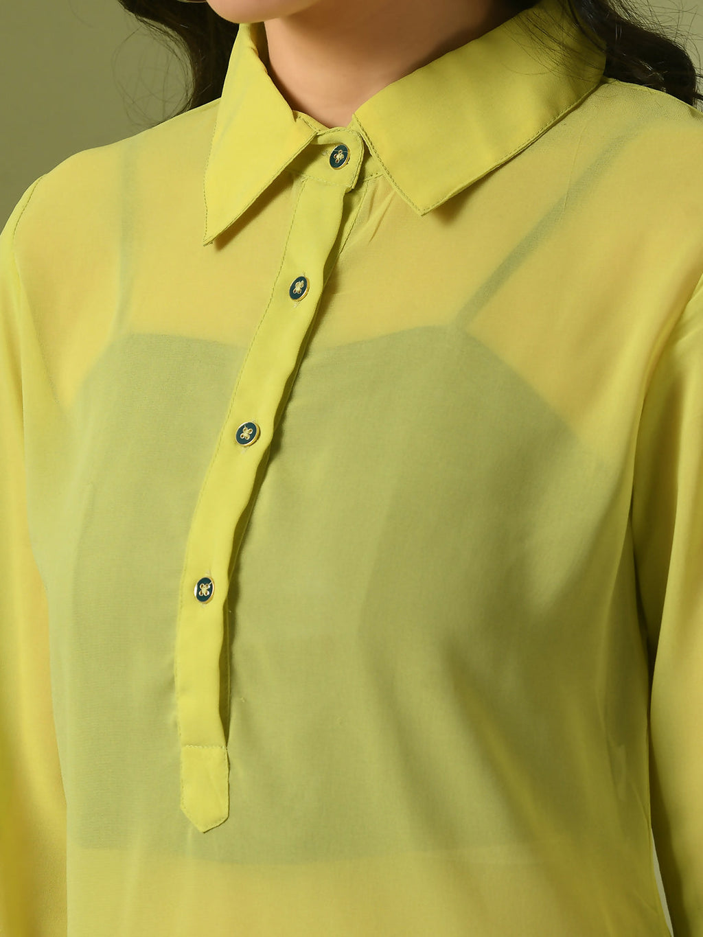 Myshka Women's Yellow Solid Georgette Longline Party Sheer Tunic | Grocsy