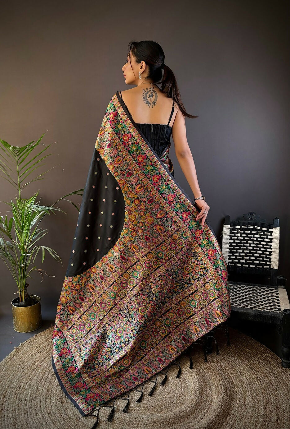 Joban Fashion Black Meena Weaves Pashmina Sarees | Grocsy