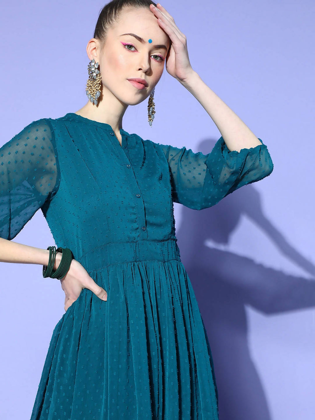 Janasya Women Teal Woven Design Dobby Weave Kurta | Grocsy