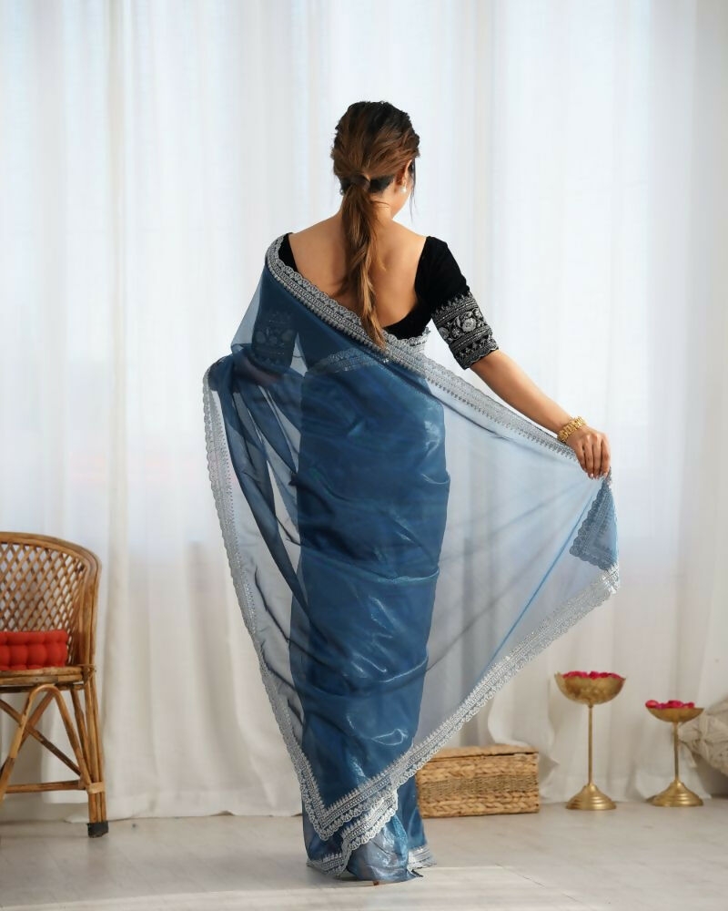 Attrctive Looking Gold Jari, Sequance Embroidery Work Twill Net Party Wear Saree - Teal | Grocsy