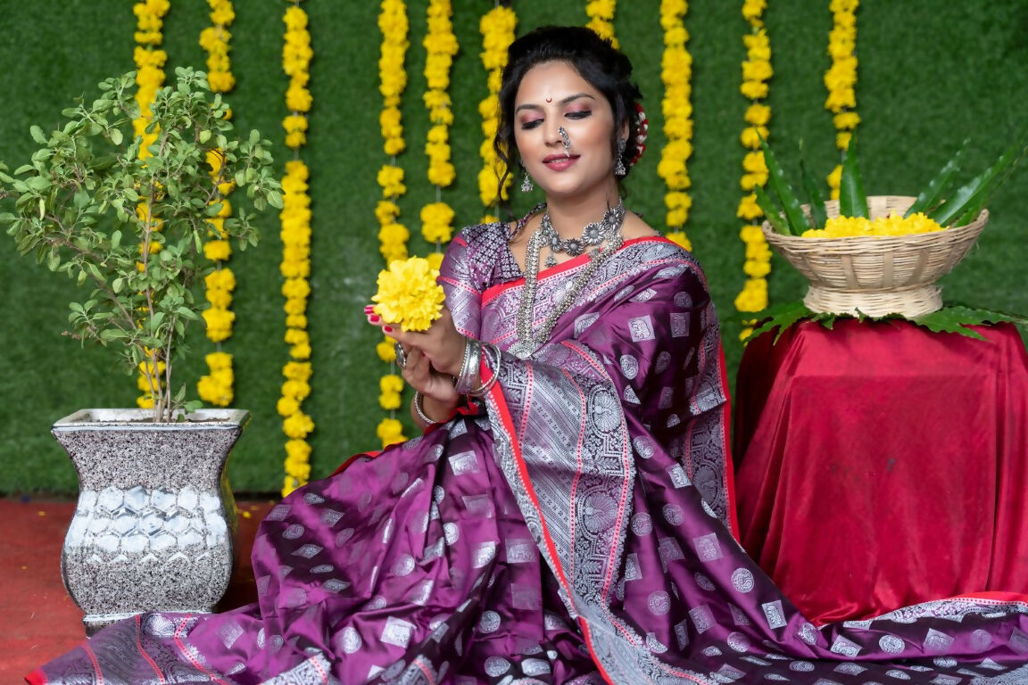 Jyoti Fashion Women's Wine Soft Handloom Silk Zari Woven Saree with Blouse | Grocsy