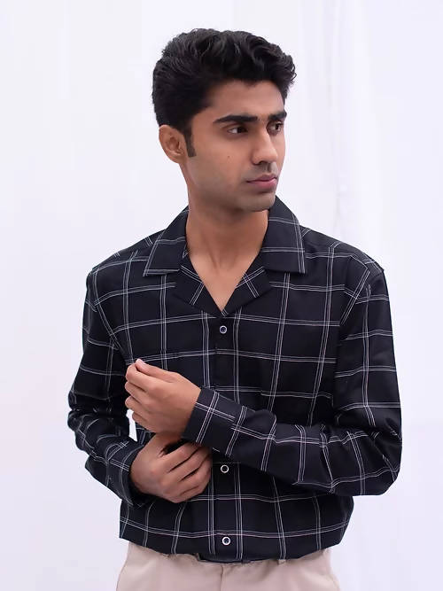 Diva Globe Cotton Black Checkard Lapel Collar Shirt | Grocsy