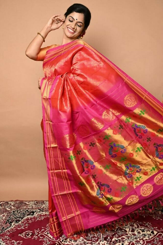 Very Much Indian Silk Handloom Maharani Paithani Complete Brocade Work Throughout Saree Peach Pink | Grocsy