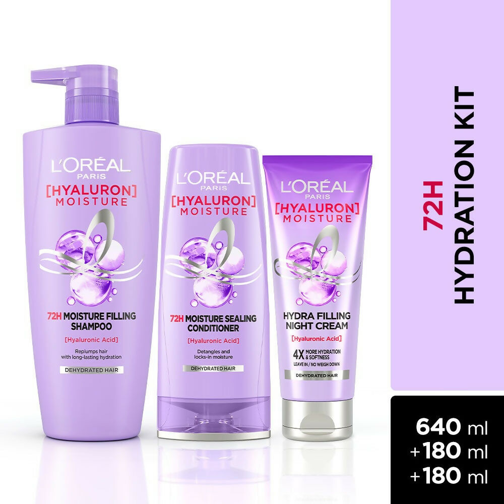 L'Oreal Paris Hyaluron Moisture Combo for 72HR Hydrated Hair Shampoo + Conditioner + Night Cream | Grocsy