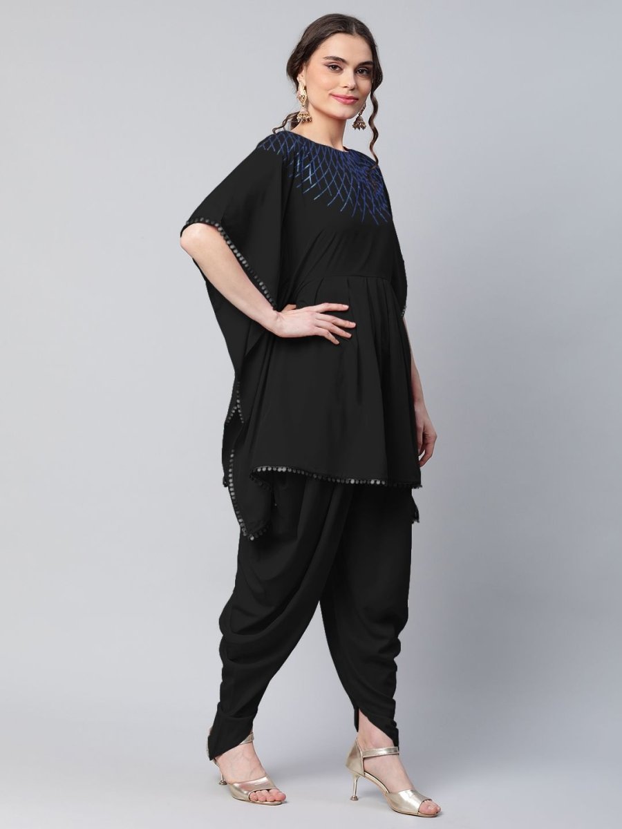 Ahalyaa Women Black Crepe Glitter Printed Kurta with Dhoti Pants | Grocsy