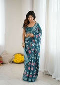 PR Fashion Morpich Linen Patta Printed Saree | Grocsy