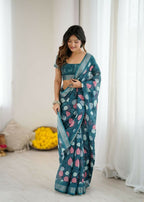 PR Fashion Morpich Linen Patta Printed Saree | Grocsy
