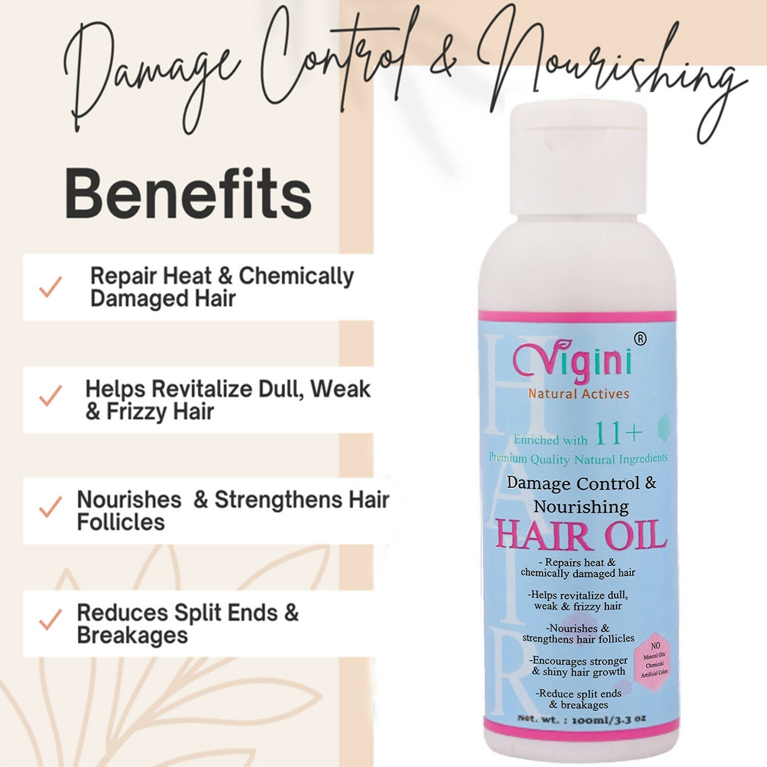 Vigini Damage Repair Nourishing Hair Care Tonic Oil with Keratin, Brahmi, Coconut Oil | Grocsy