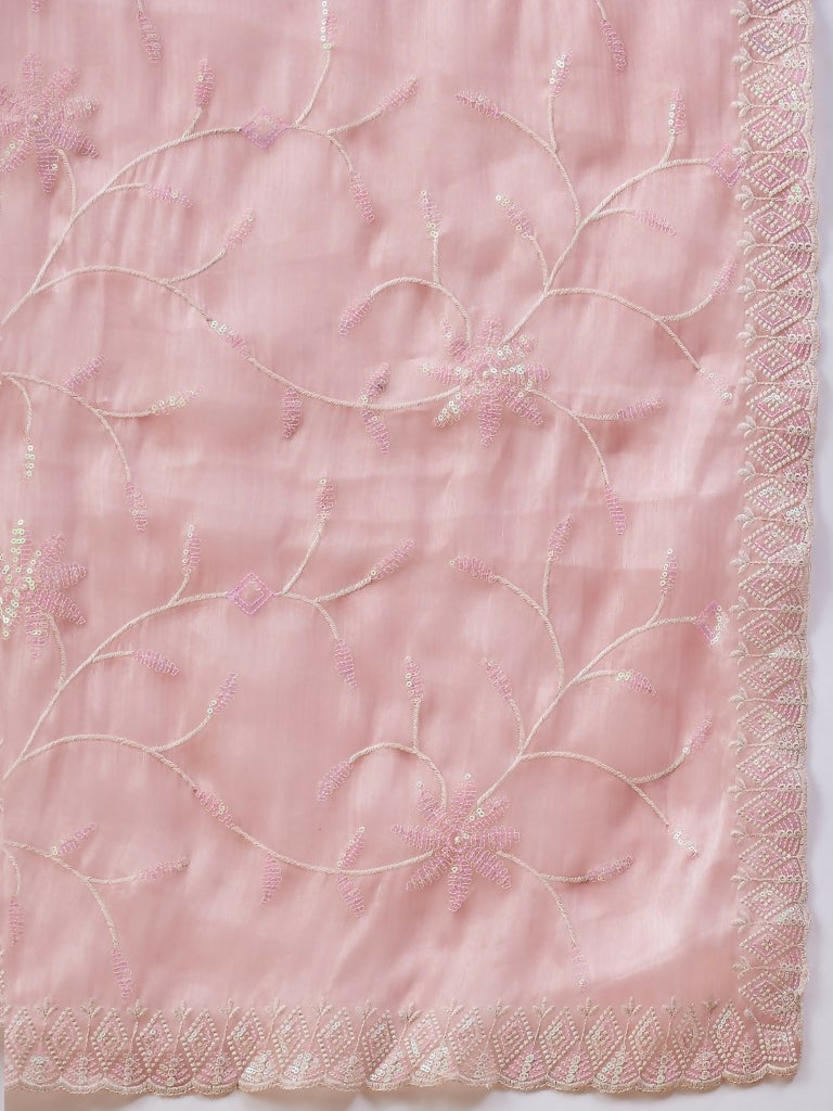 Peach Tissue Slub Embroidered Saree with Unstitched Blouse - Vairagi | Grocsy
