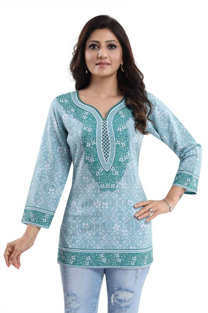 Snehal Creations Alluring Faux Crepe Printed Short Kurti Tunic Top | Grocsy