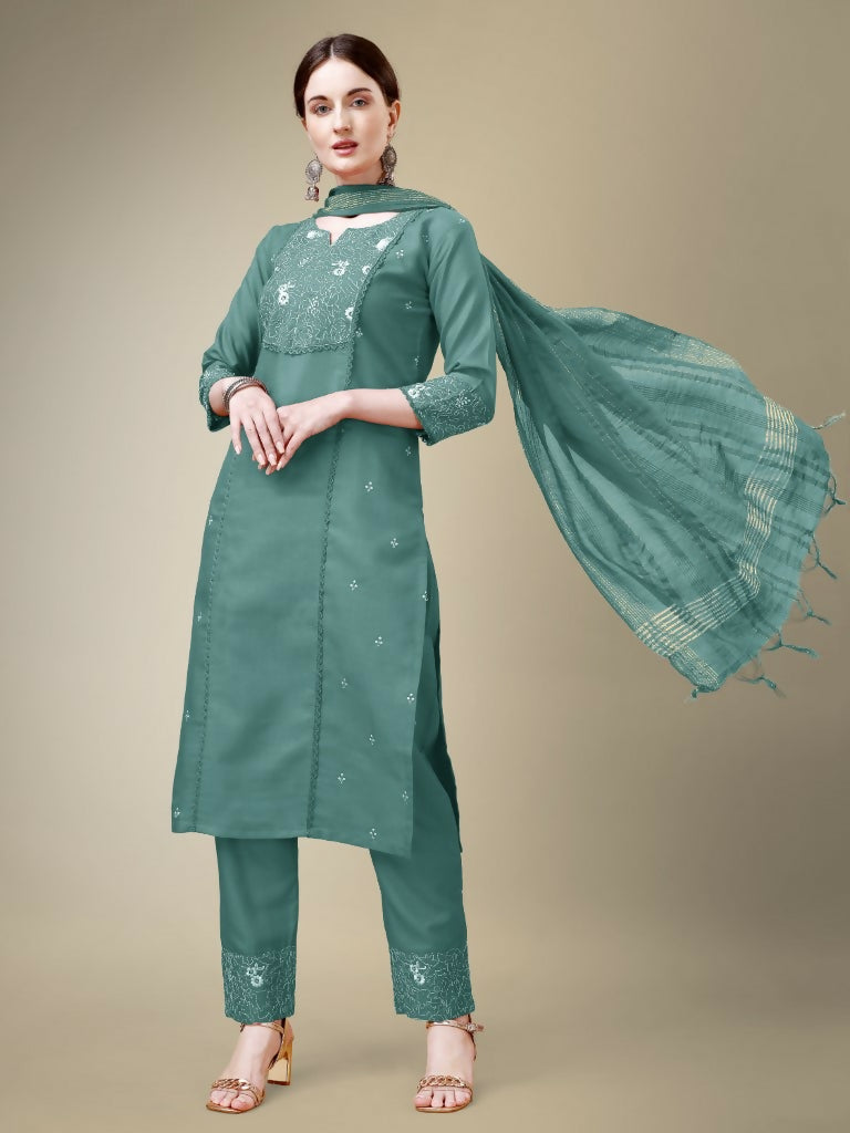 Jyoti Fashion Women's Teal Cotton Blend Embroidery & Fancy Lace work Kurta with Trouser & Dupatta | Grocsy