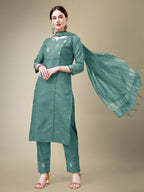 Jyoti Fashion Women's Teal Cotton Blend Embroidery & Fancy Lace work Kurta with Trouser & Dupatta | Grocsy