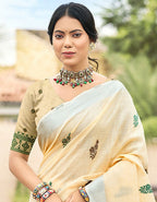 Sangam Prints Beige Linen Woven Work Traditional Saree | Grocsy
