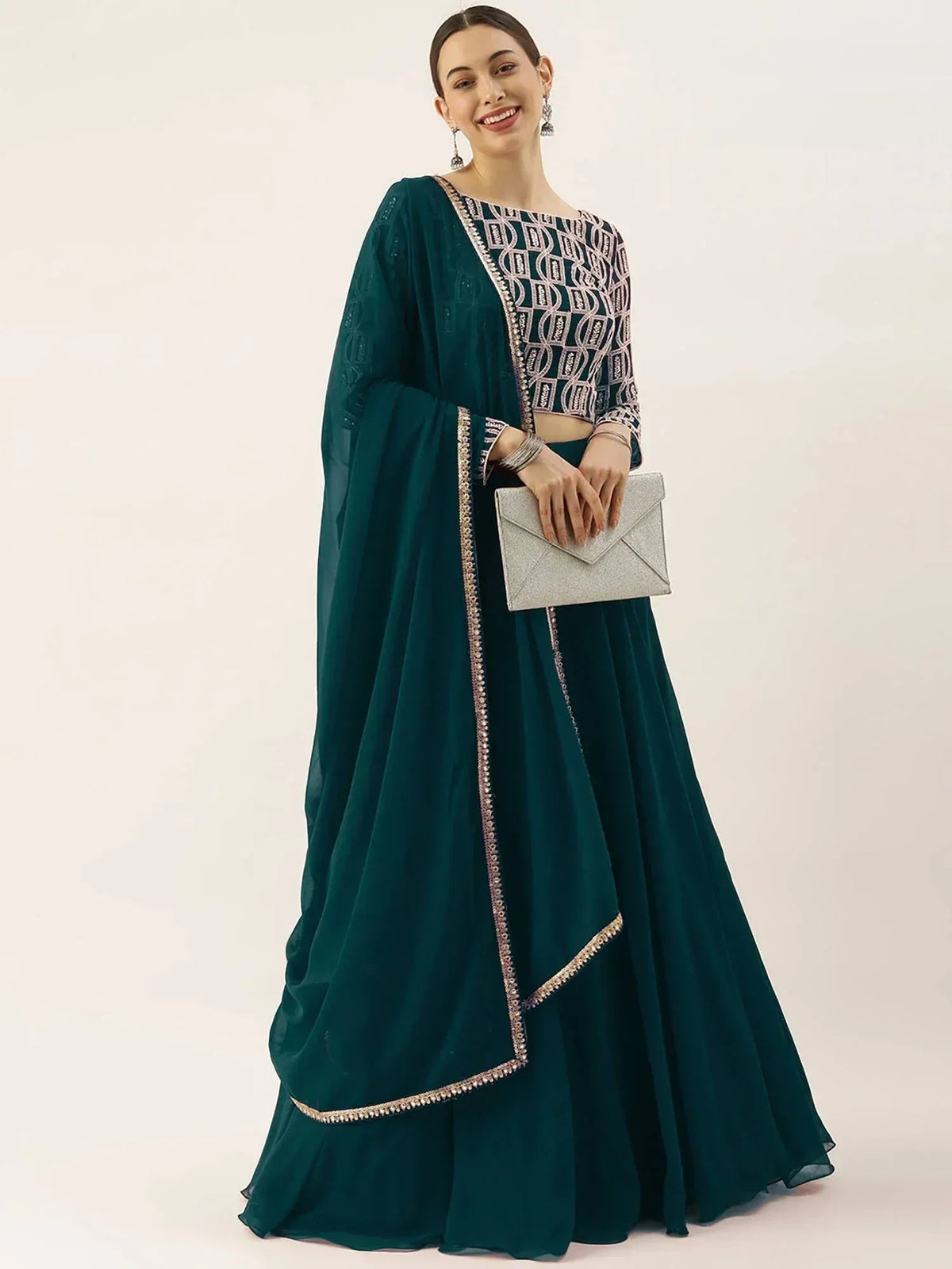 Tulsi Art Beautiful Green Thread Work Georgette Festival Wear Lehenga Choli | Grocsy