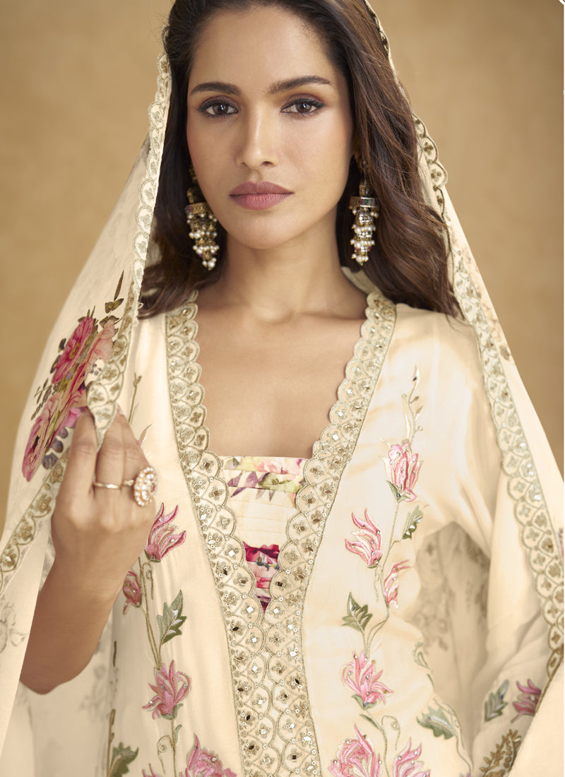 Vegaa Fashion Cream Floral Slit Style Designer Kurta Palazzo Suit | Grocsy
