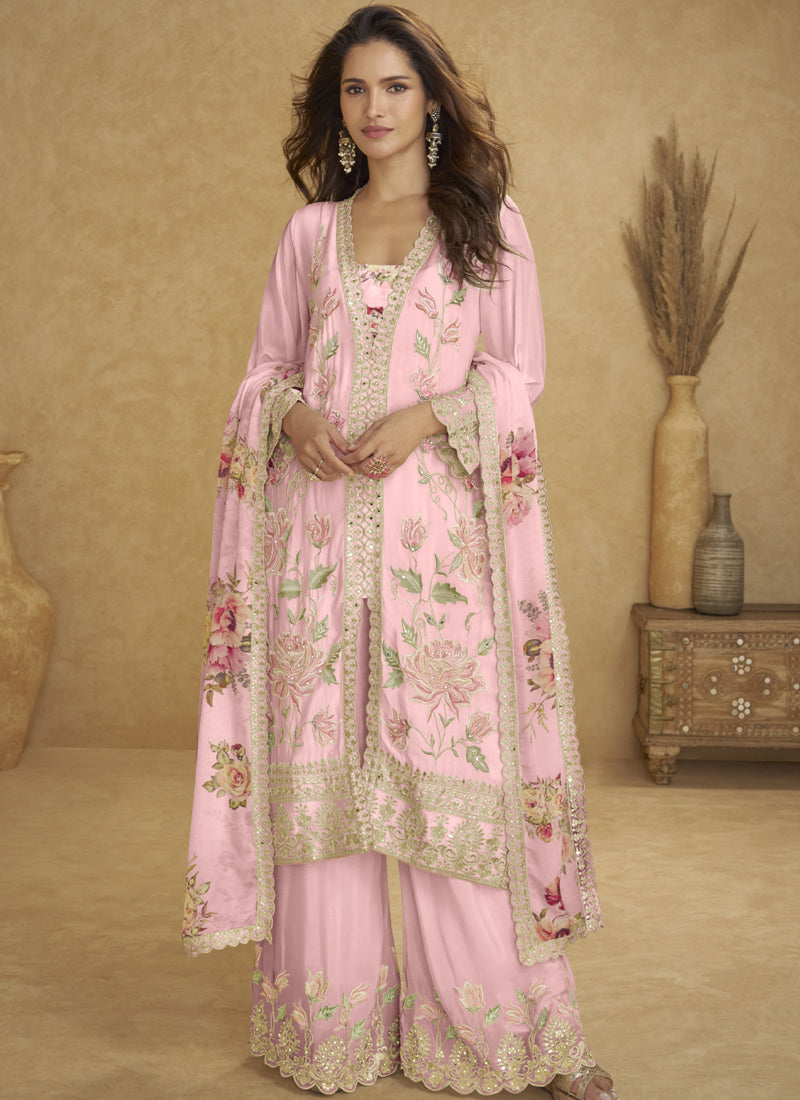 Vegaa Fashion Light Pink Floral Slit Style Designer Kurta Palazzo Suit | Grocsy