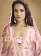 Vegaa Fashion Light Pink Floral Slit Style Designer Kurta Palazzo Suit | Grocsy