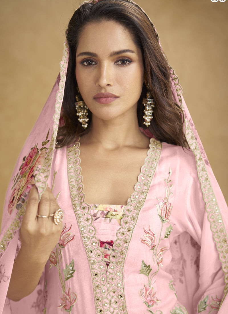 Vegaa Fashion Light Pink Floral Slit Style Designer Kurta Palazzo Suit | Grocsy